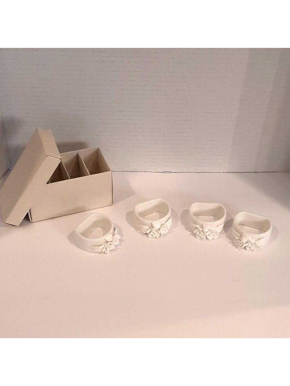 Vintage Knobler Napkin Rings Porcelain Floral White Set Of 4 In Box EUC Taiwan
